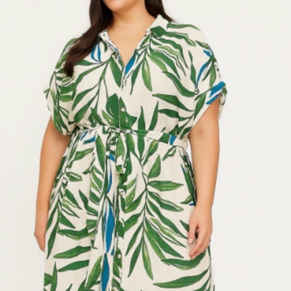Time and Tru Cream Midi Dress with Green Leaf Print and Blue Accents